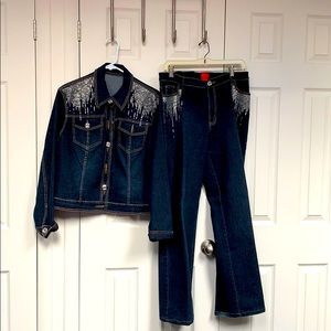 Two piece jean jacket and pants, with crystals.